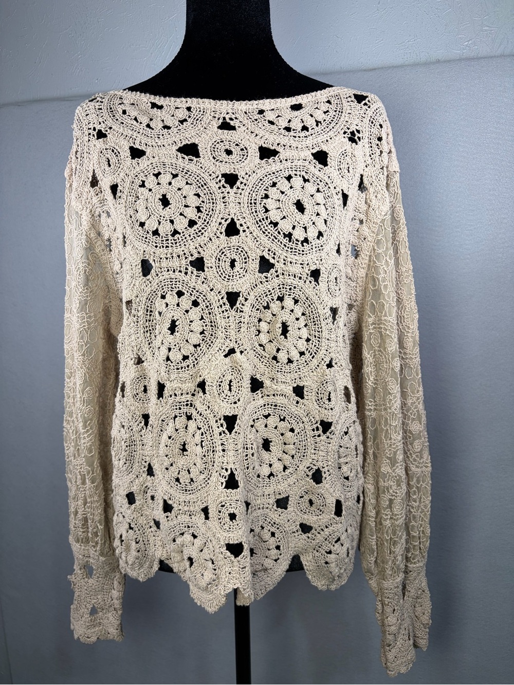 Source Unknown Crochet Lace Long-Sleeve Top - Cream